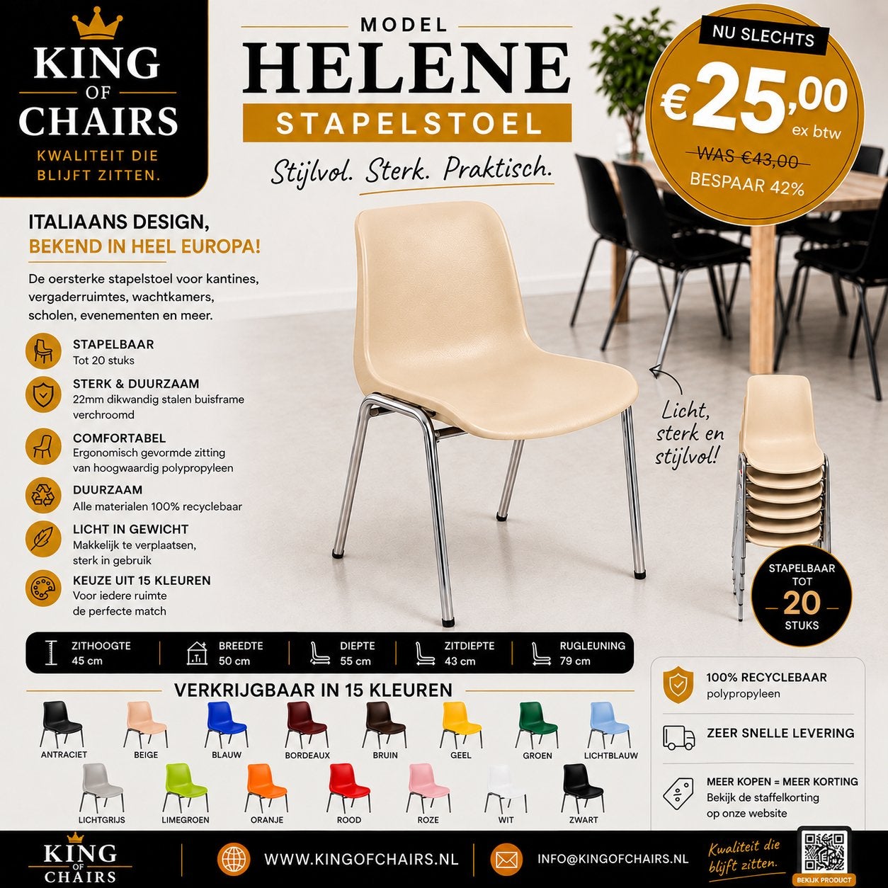 Kantinestoelen Helene beige stapelstoelen kuipstoelen nieuw, Kunststof, Everardo, Nieuw, Info@everardo.nl