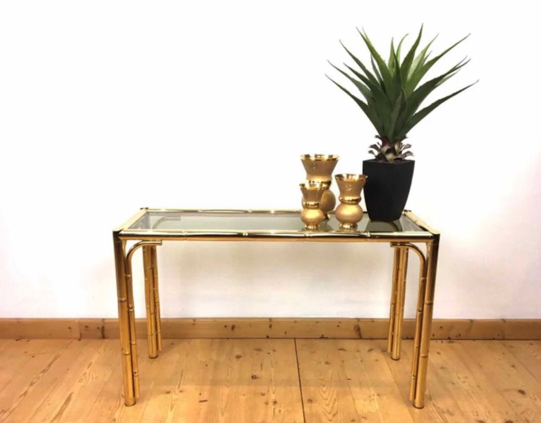 Vintage 1970s Faux Bamboo Sitetable / Consoletafel, Huis en Inrichting, Tafels | Sidetables, Ophalen, 100 tot 150 cm, Vintage Design - Hollywood Recency
