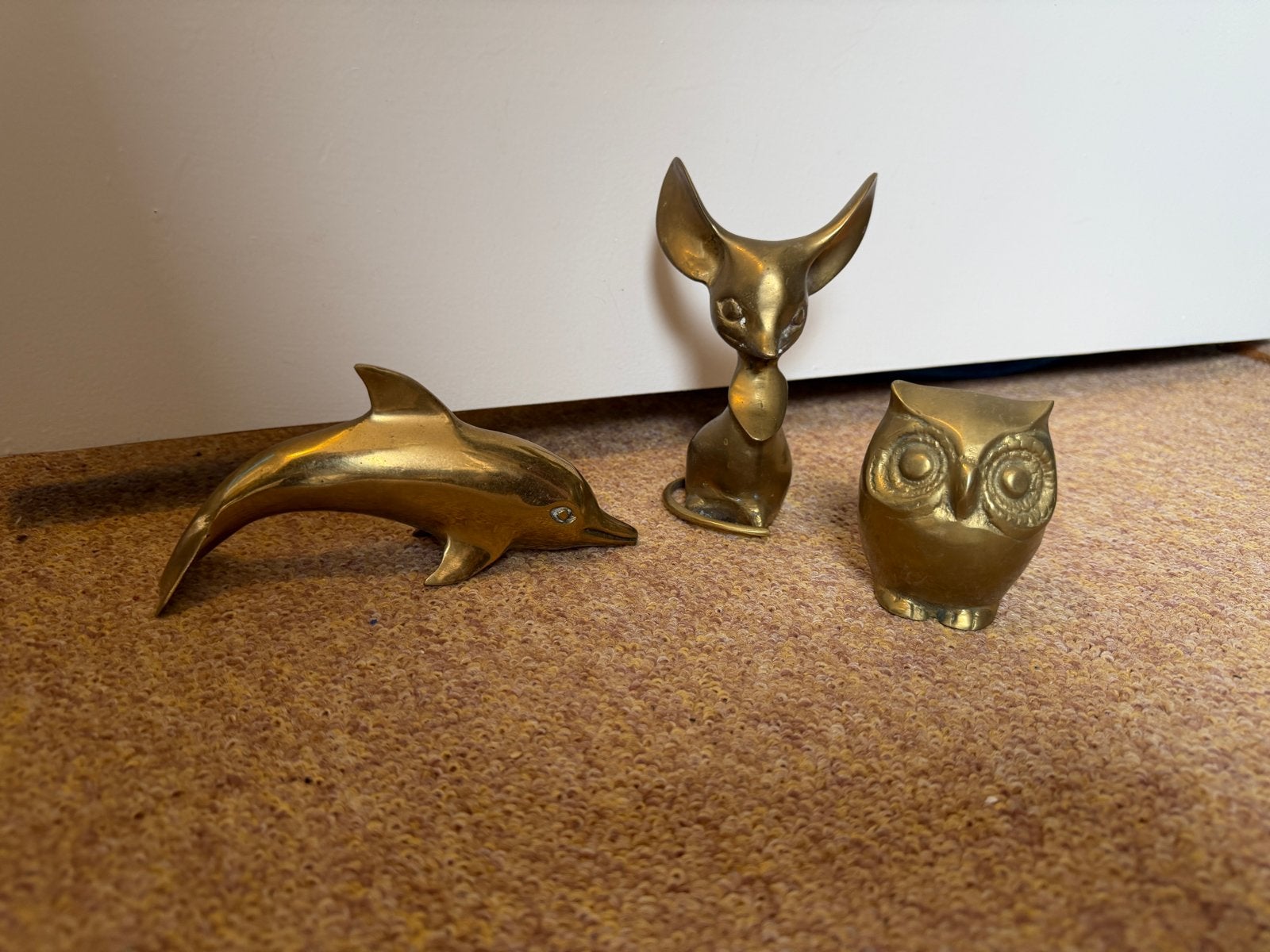 Set van 3 messing beeldjes: dolfijn, muis en uil, Ophalen of Verzenden