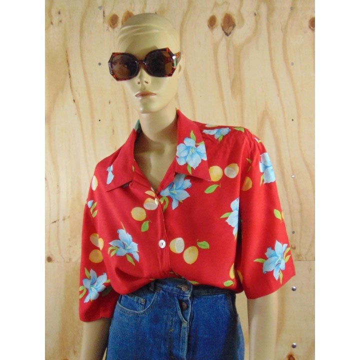 Vintage rode blouse bloemen & citroenen print maat 42, Verzenden, Maat 42/44 (L), Zo goed als nieuw, Vintage