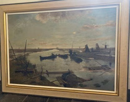 Hollands Landschap met molens en boten; olieverf op doek., Doek, Impressionistisch, Ophalen of Verzenden, Landschap