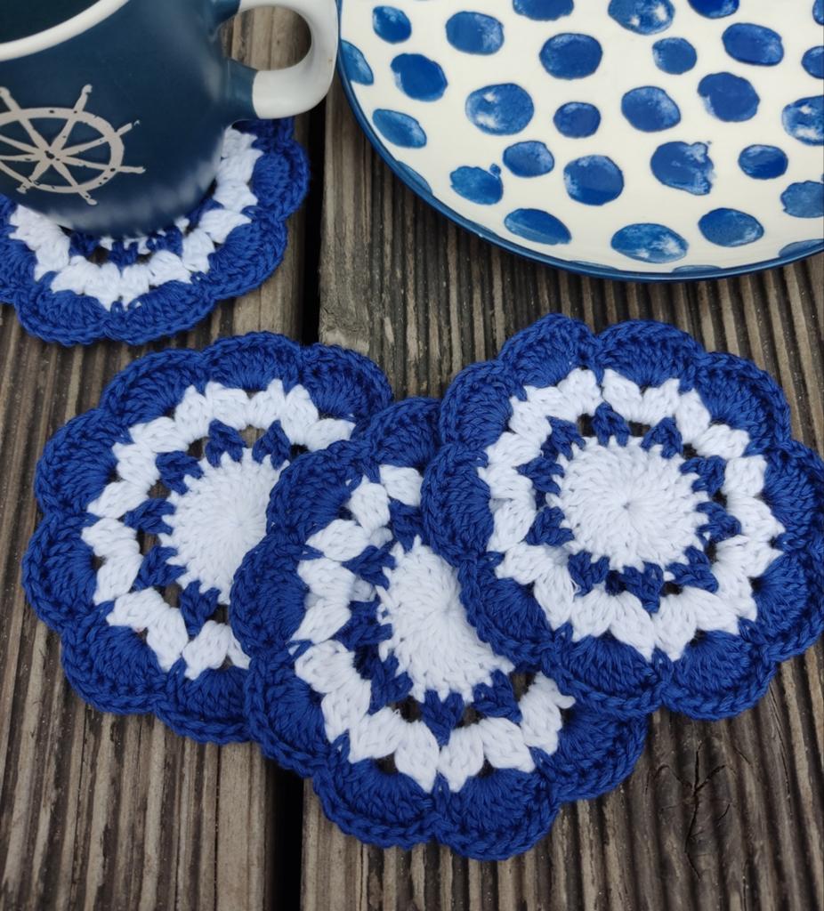 Handgemaakte gehaakte onderzetters, blauw/wit, Huis en Inrichting, Woonaccessoires | Onderzetters, Ophalen of Verzenden, Nieuw