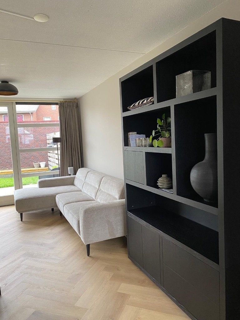 Helsinki vakkenkast zwart, Huis en Inrichting, Ophalen, 200 cm of meer, Eikenhout, Met lade(s)
