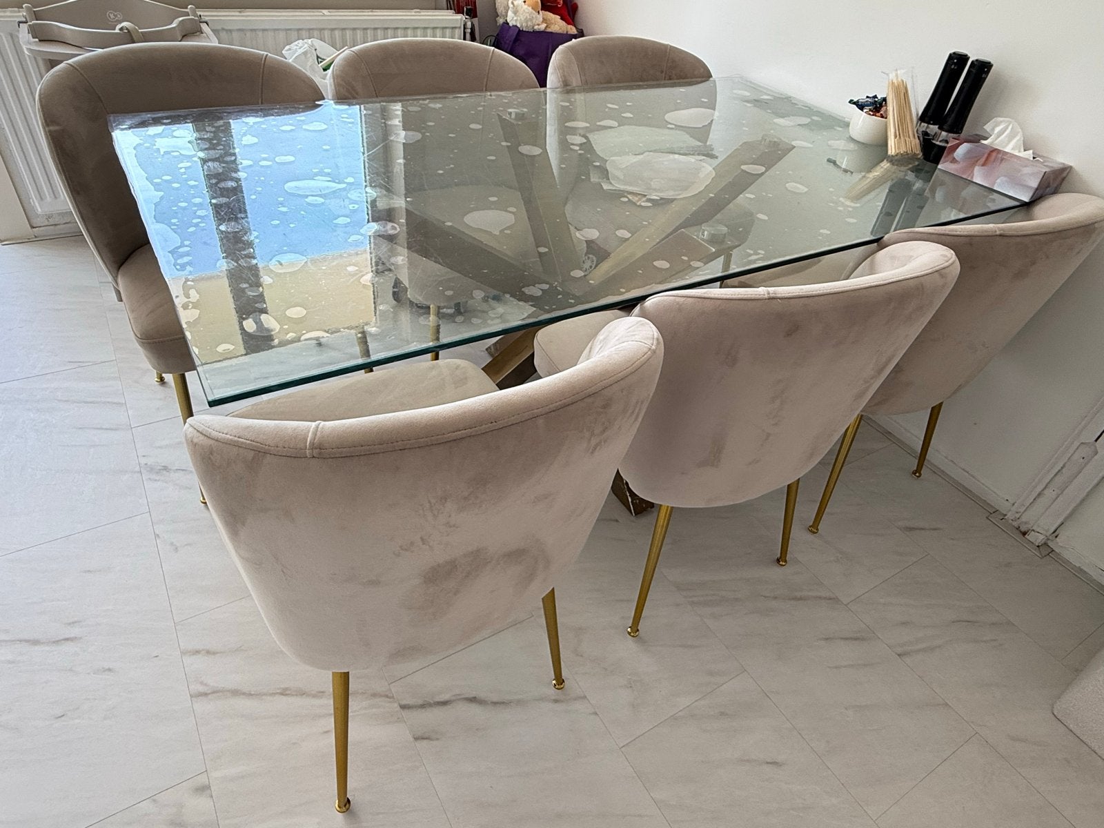 Glazen eettafel met 6 Richmond stoelen (100x200cm), Ophalen, Gebruikt, 100 tot 150 cm, Glas