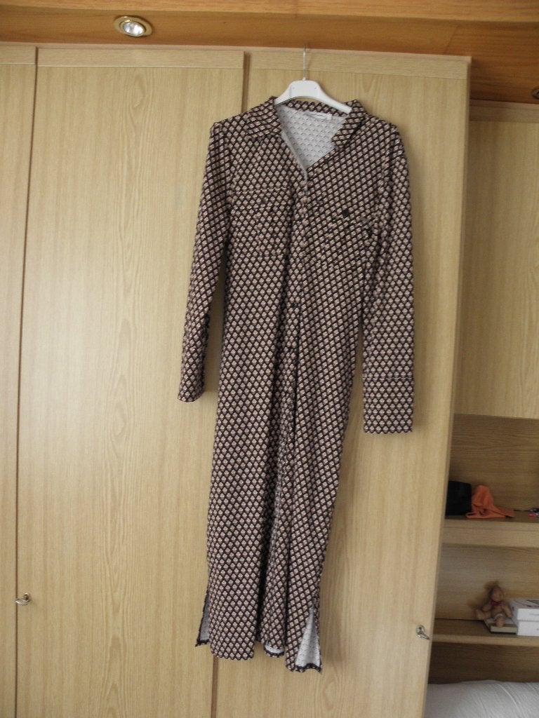 Bruine retro stretch travelstof jurk AMBIKA mt XL nieuwstaat, Bruin, Maat 46/48 (XL) of groter, Ophalen of Verzenden, Zo goed als nieuw
