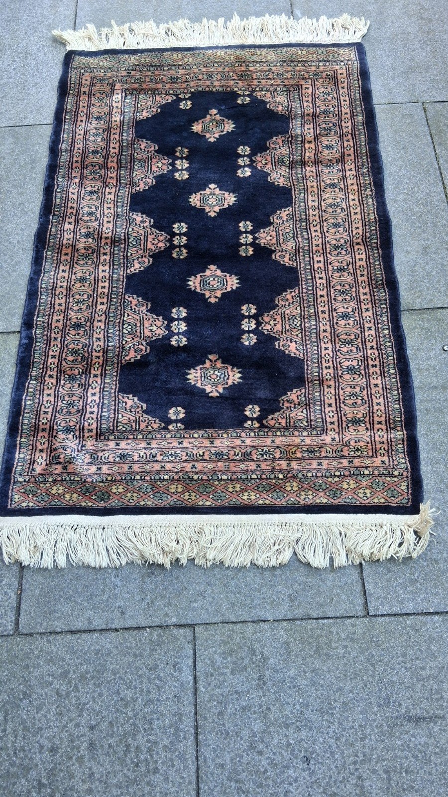 Origineel handgemaakt tapijt - Blauw met patronen, Ophalen, Gebruikt, Groen, 100 tot 150 cm