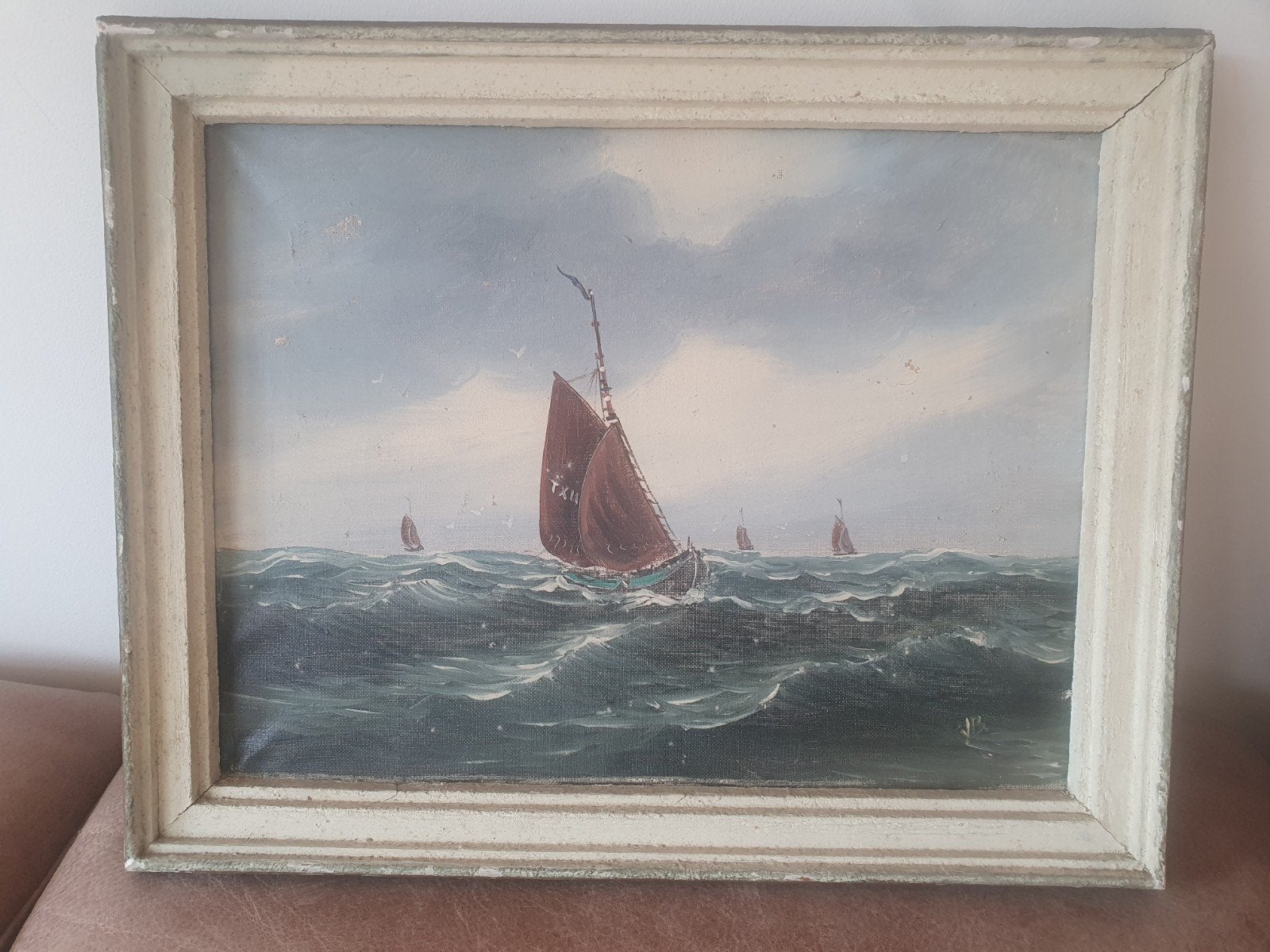 oud schilderij Texel 11 houten Blazer monogram VB of JB, Ophalen, Maritiem / water, Doek, Gesigneerd
