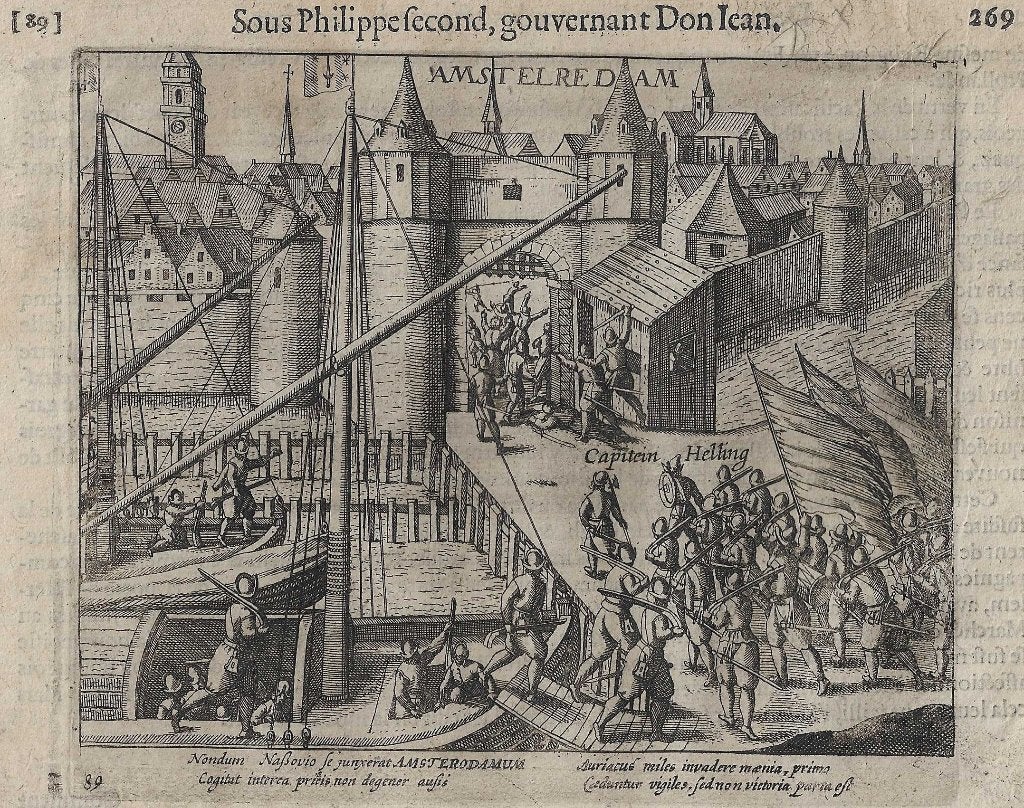 Poging om Amsterdam in te nemen, 1577 Baudartius kopergravur, Antiek en Kunst, Militair, Gravure, Met tekst, 13 cm