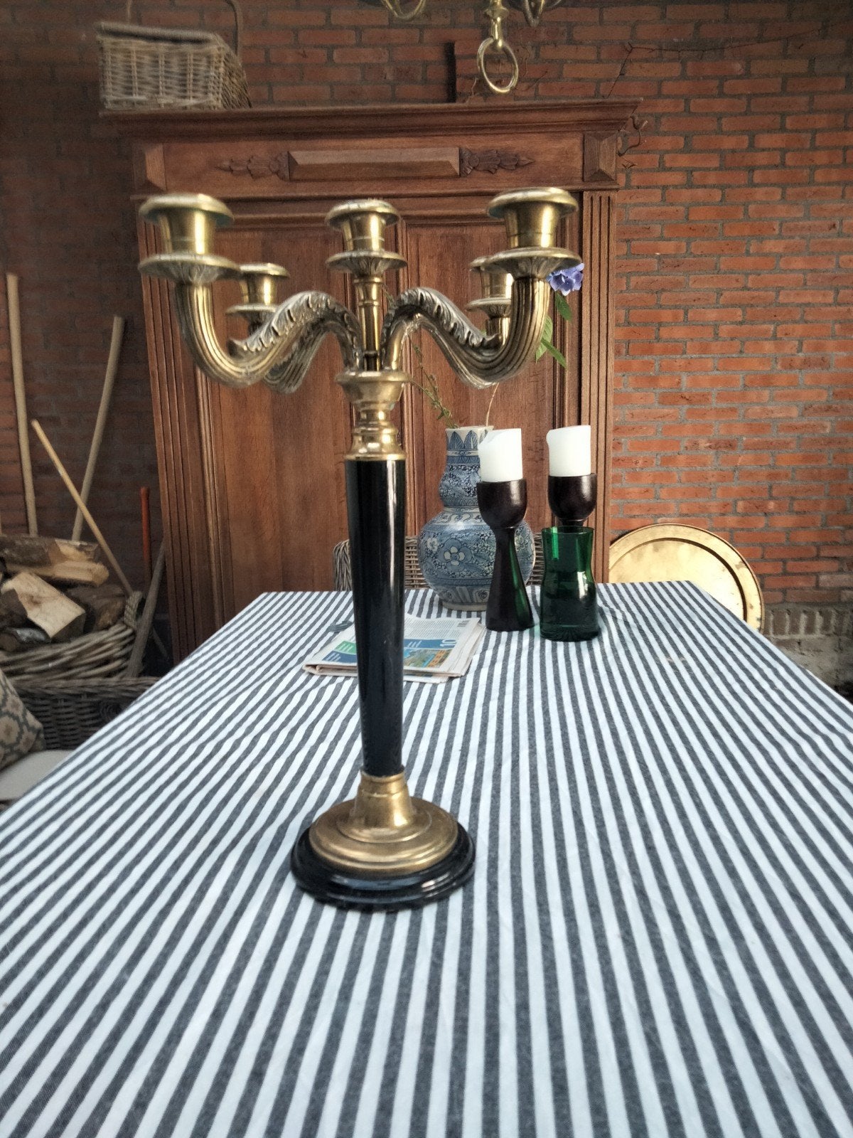 Antieke bronzen kandelaar met 5 armen, Antiek en Kunst, Ophalen of Verzenden, Koper of Brons