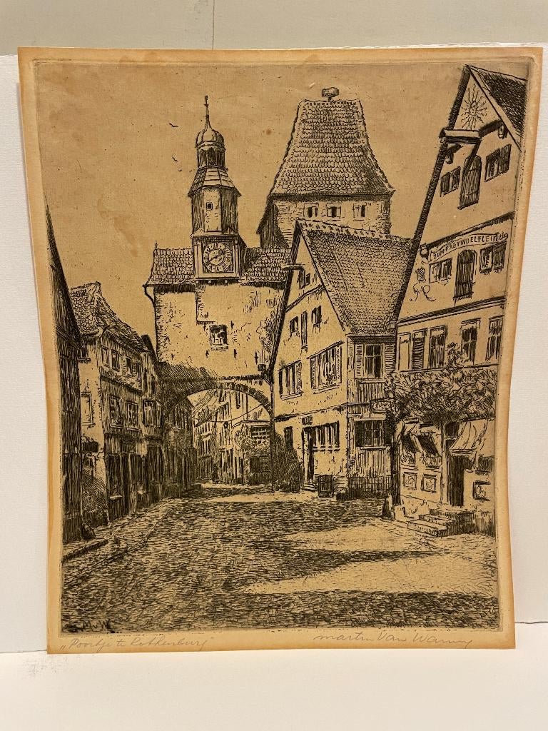Martin van Waning - ets - Marcus Turm te Rothenburg, 26 cm, Ets, Stadsgezicht, Gesigneerd