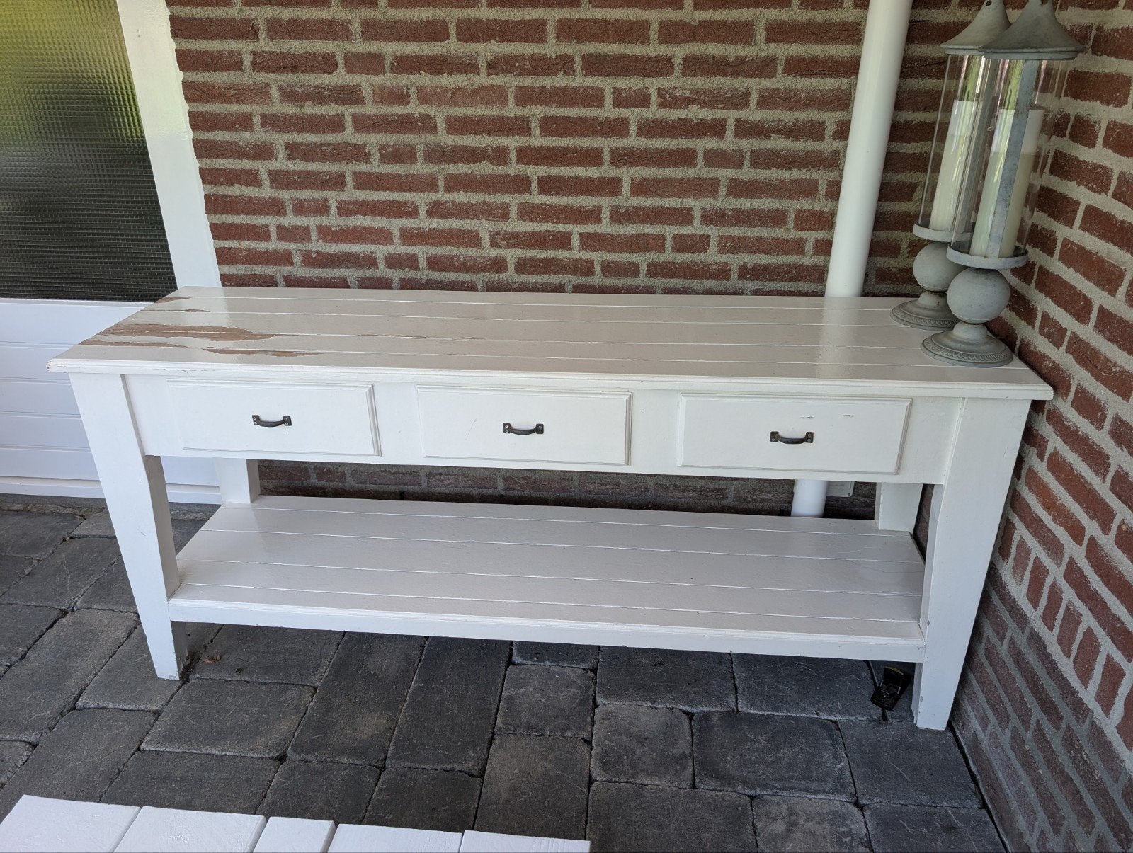 Oude strakke houten sidetable., Ophalen, Gebruikt, 150 tot 200 cm, Rechthoekig
