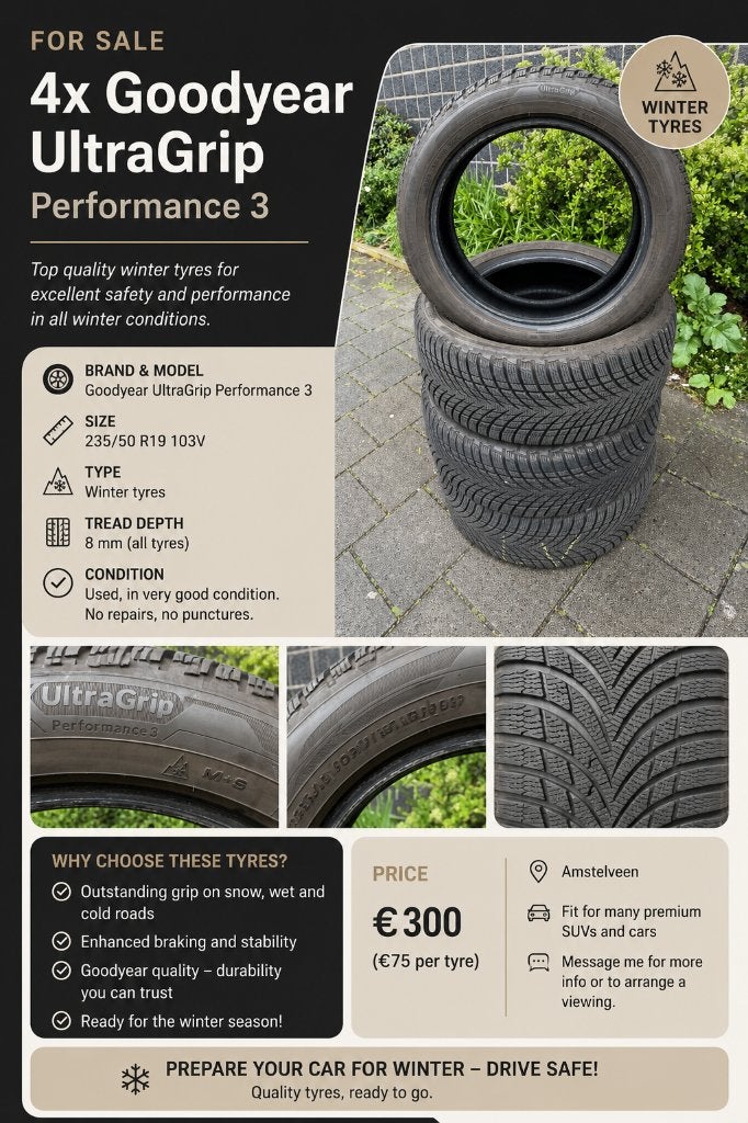 4x Goodyear UltraGrip Performance 3 Winter Tyres – Like New, Gebruikt, Winterbanden, 235 mm, Band(en)