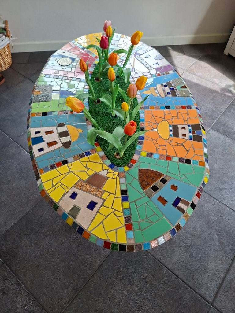Mozaiek tafel., Huis en Inrichting, Tafels | Salontafels, Minder dan 50 cm, 50 tot 100 cm, 100 tot 150 cm, Rechthoekig, Ophalen