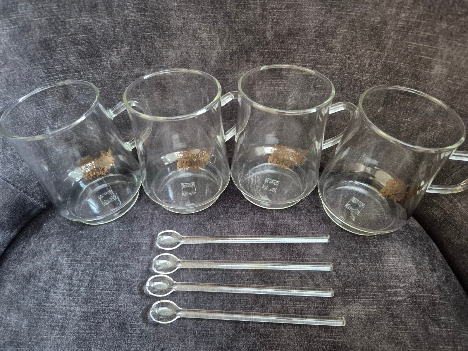 Douwe Egberts theeglazen met glazen lepeltjes, Glas of Glazen, Gebruikt, Overige merken, Ophalen of Verzenden