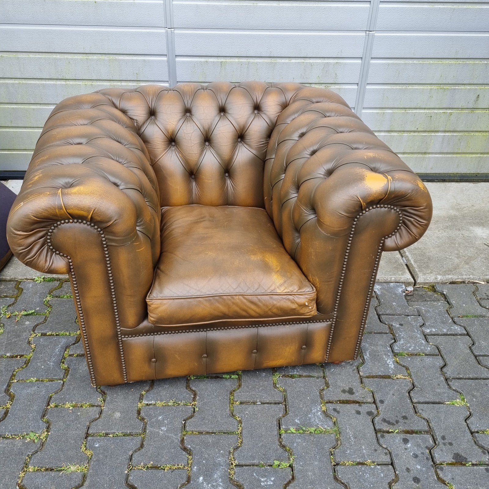 Chesterfield club fauteuil bruin gevlamd leer + BEZORGING, Gebruikt, ., Chesterfield, Ophalen of Verzenden