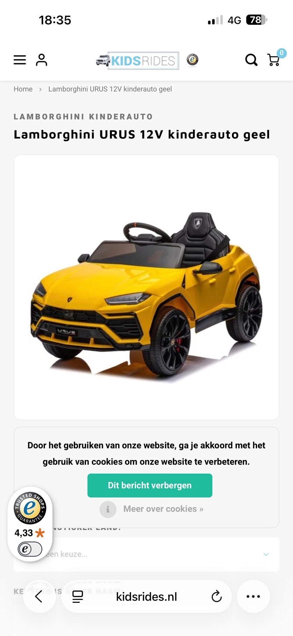 Lamborghini URUS 12V kinderauto geel (accu defect), Kinderen en Baby's, Ophalen of Verzenden, Zo goed als nieuw