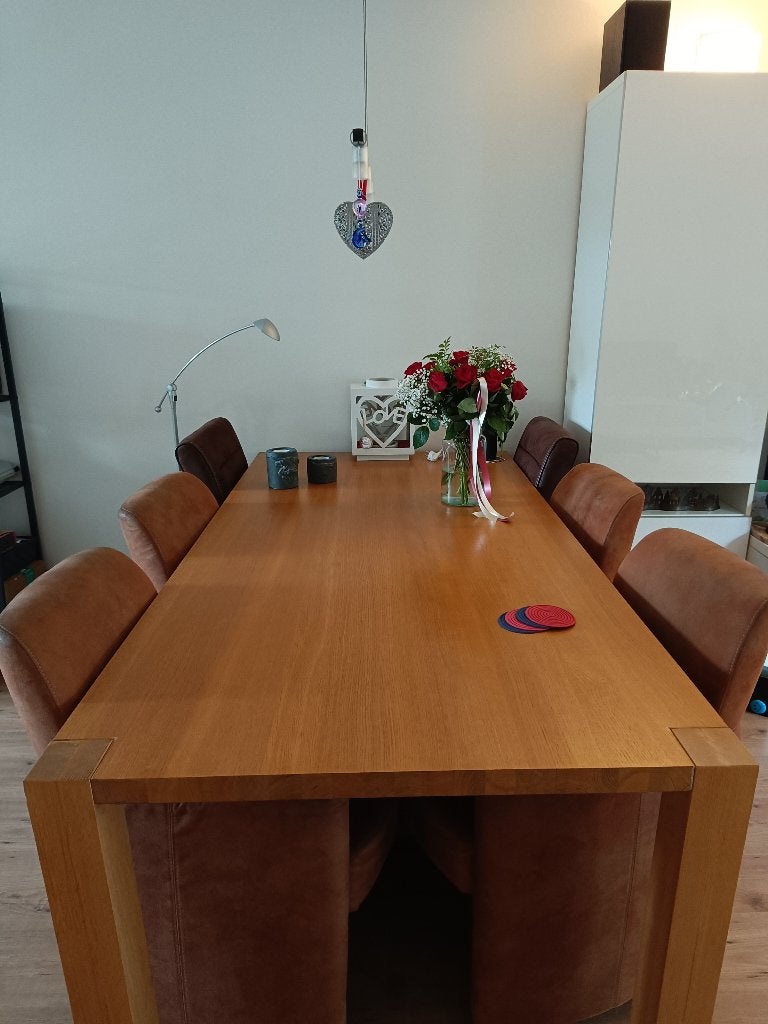 Zware eiken eettafel 2 bij 1 - eikenfineer zeer degelijk, Ophalen, Gebruikt, 100 tot 150 cm, Eikenhout