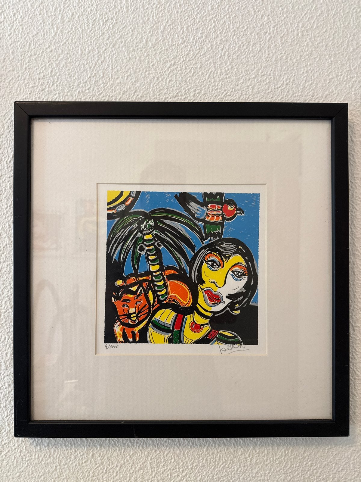 Kleurrijke Zeefdruk 'Vrouw met Kat' gesigneerd en genummerd, Ophalen, Zeefdruk, Overige technieken, Achter glas