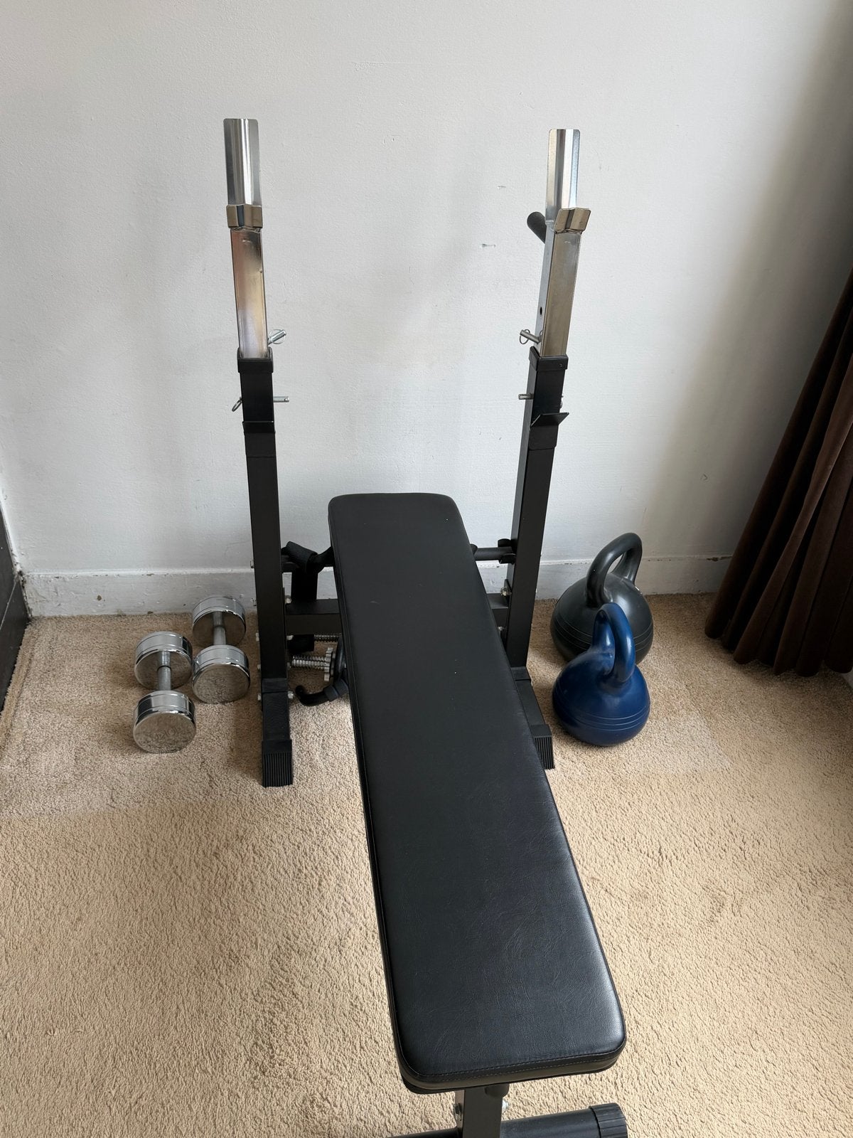 Drukbank incl stang, gewichten en kettlebells, Sport en Fitness, Fitnessmaterialen, Ophalen, Gebruikt, Borst, Fitnessbank