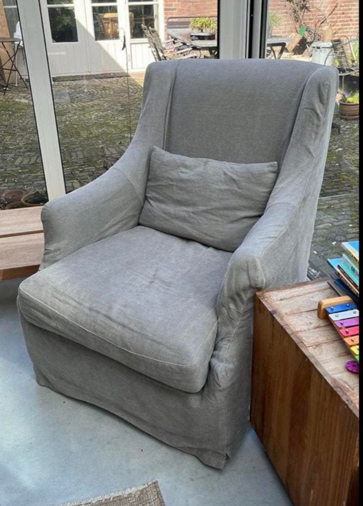 Comfortabele grijze fauteuil met linnen hoes, Ophalen, Gebruikt, Stof, 75 tot 100 cm