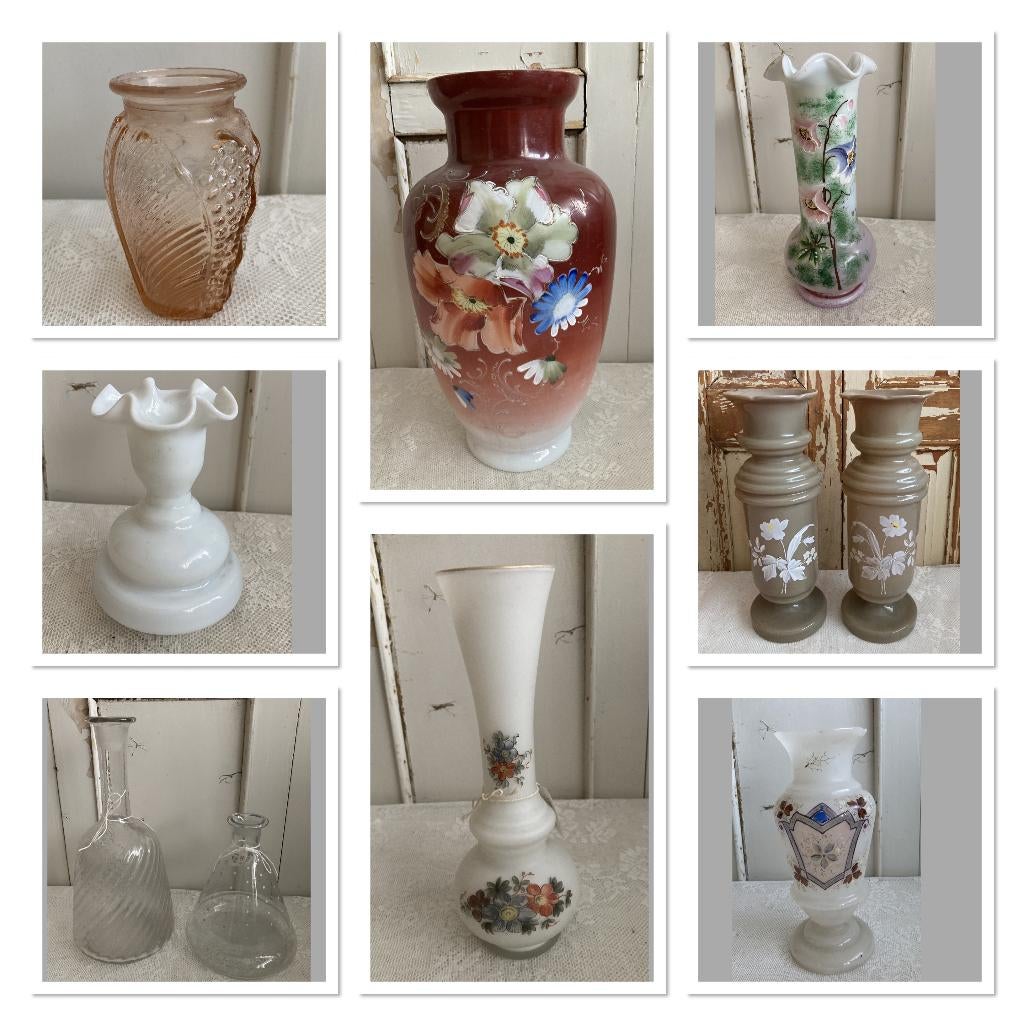 Brocante glazen vaas - vaasjes / oa Opaline - melkglas, Antiek en Kunst, Ophalen of Verzenden