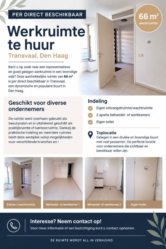Werkruimte 66 m² te huur – Transvaal, Den Haag | All-in, Huur, Bedrijfsruimte