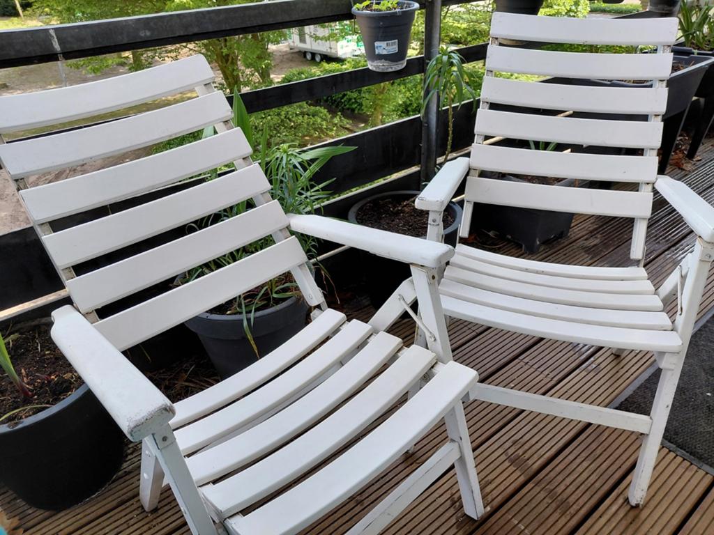Twee massief houten tuinstoelen, Tuin en Terras, Tuinstoelen, Ophalen, Gebruikt, Hout, Inklapbaar
