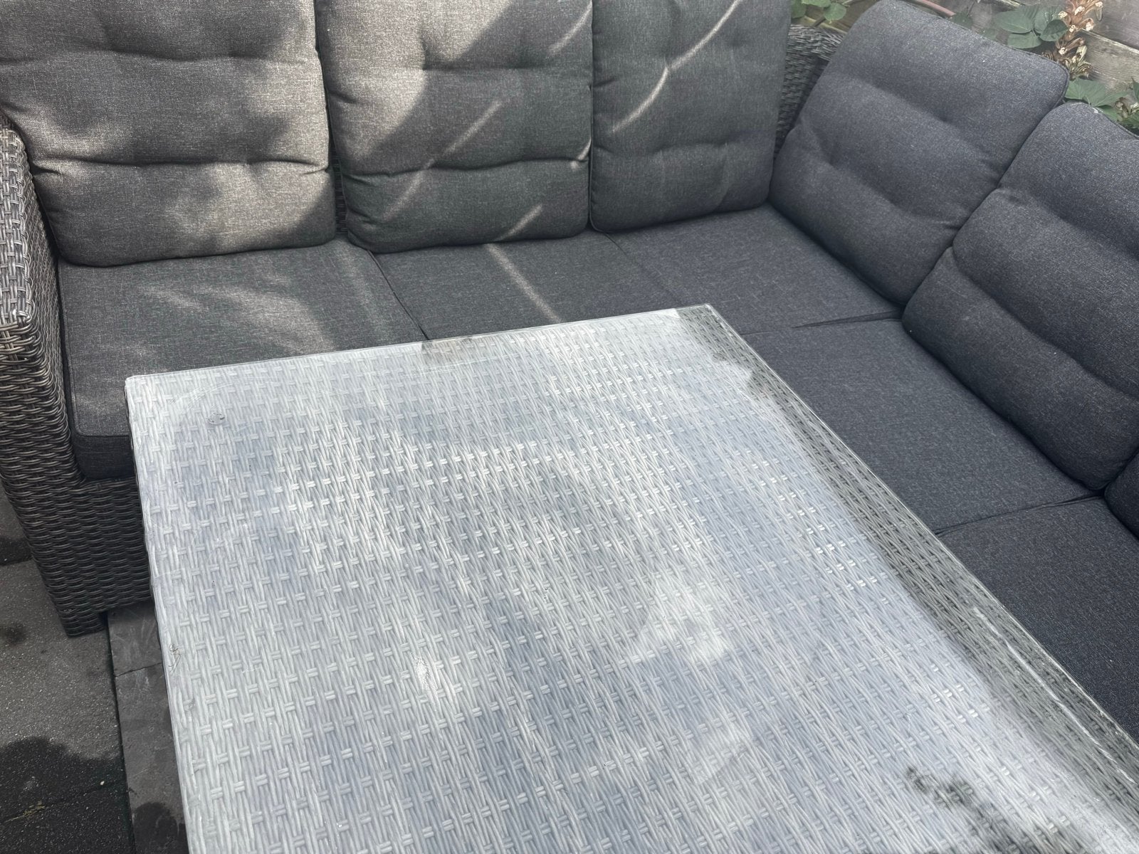 Wicker Loungeset met Glazen Tafel - Grijs, Tuin en Terras, Ophalen, 5 zitplaatsen, Gebruikt, Loungeset