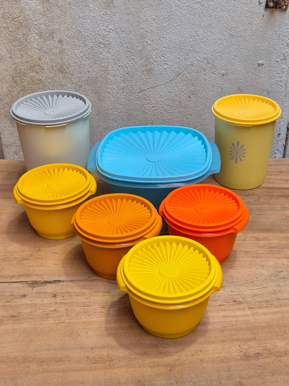 Vintage Tupperware set 70s met Zonnedeksel., Gebruikt, Tupperware, Overige kleuren, Luchtdicht