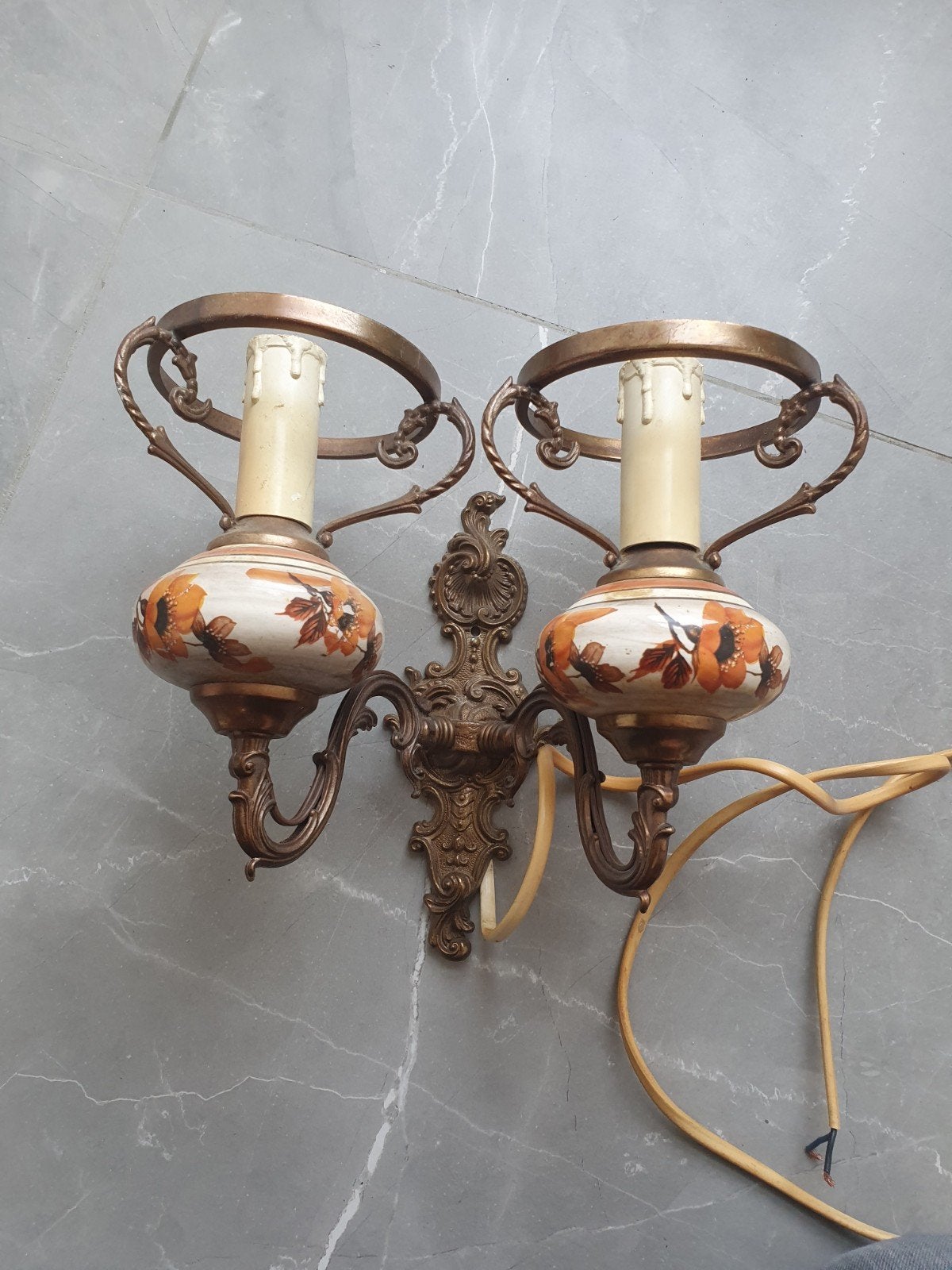 Vintage brocante wandlamp zonder glazen kelkjes, Ophalen, Gebruikt