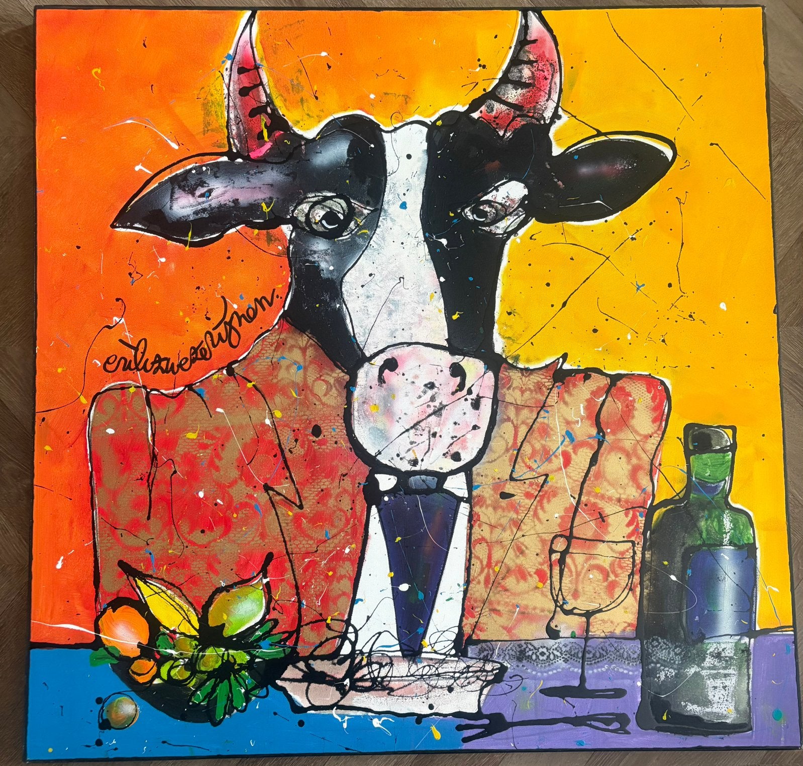 Erik Zwezerijnen “koe aan tafel”, Antiek en Kunst, Ophalen, Dieren