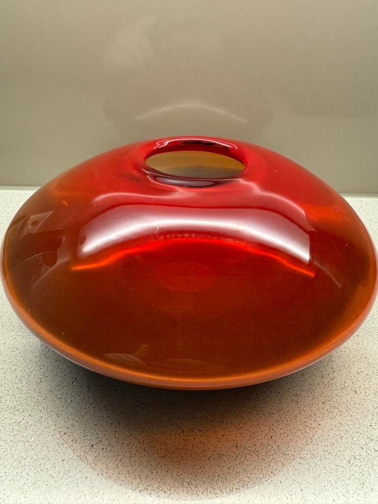UFO Vormige Glazen Vaas Oranje Kobalt Blauw Geslepen Pontil, Ophalen of Verzenden