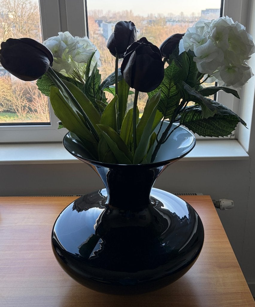 Luxe Designvaas XL  – Mondgeblazen Opaline Glas Zwart, Ophalen, Zwart, 42 cm, Glas