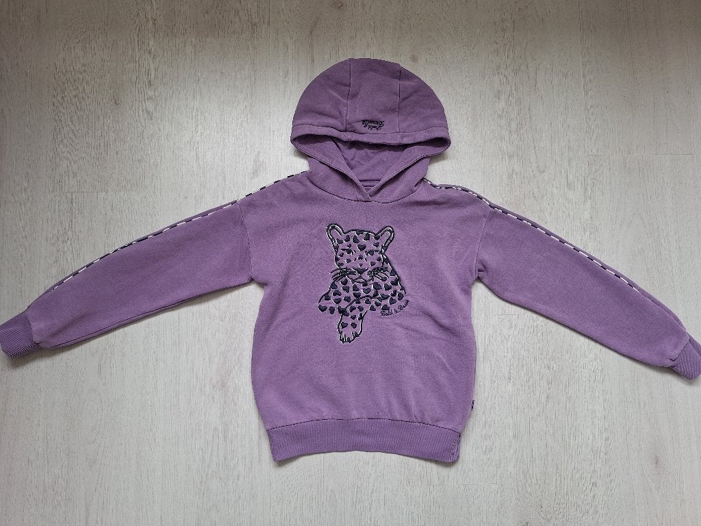 Paarse trui met capuchon van WE Fashion, maat 134/140, Gebruikt, Meisje, Trui of Vest, Ophalen of Verzenden