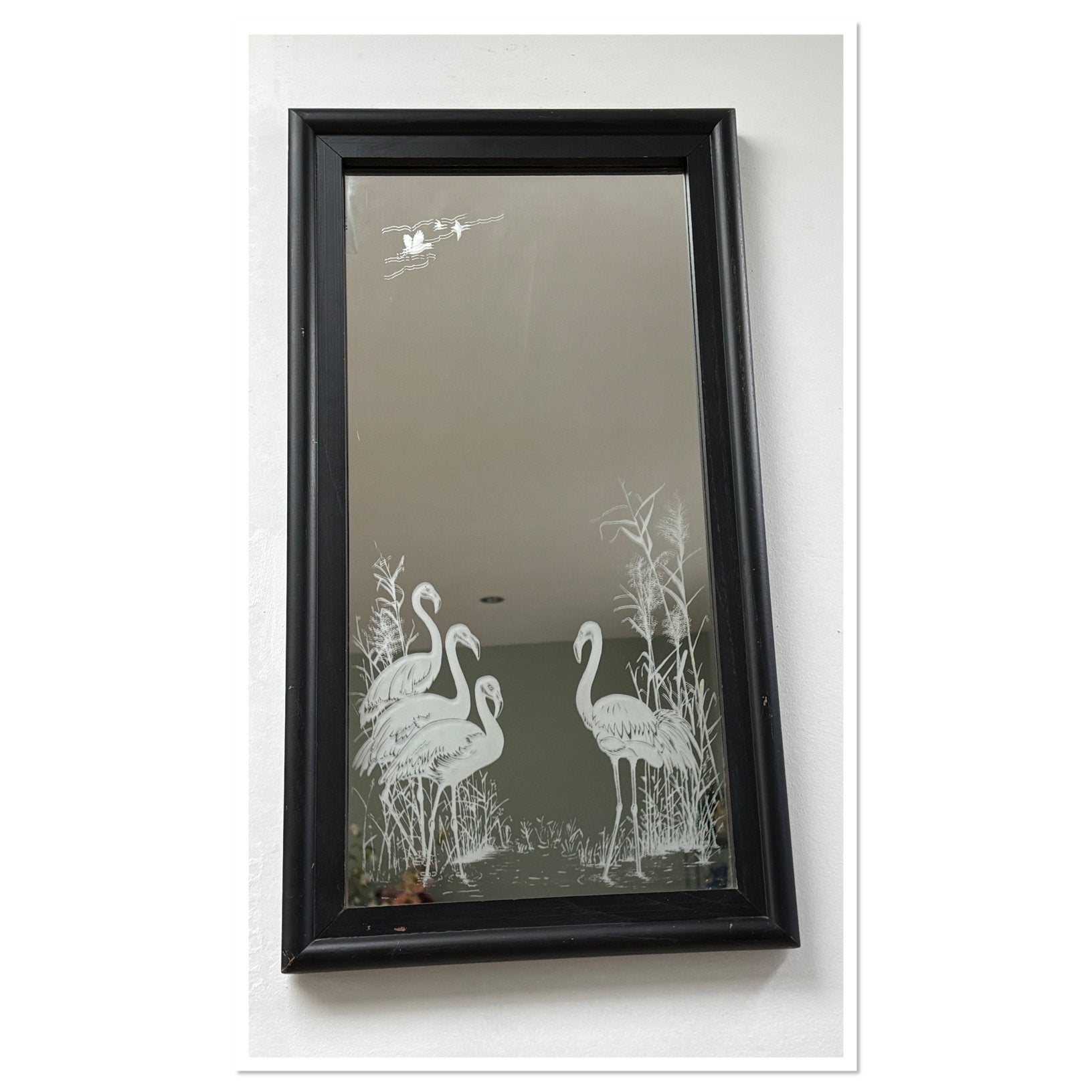 Prachtige retro spiegel met flamingo gravure Art Deco stijl, Ophalen, Minder dan 50 cm, Gebruikt, Minder dan 100 cm