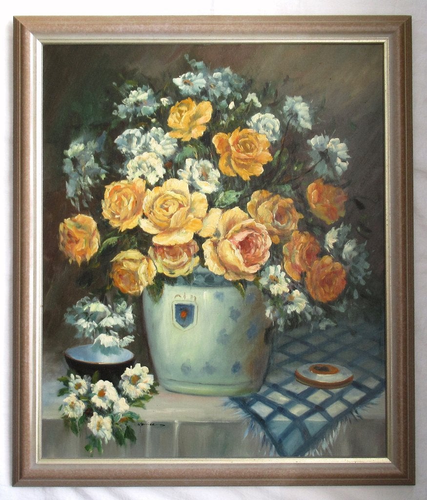 Schilderij met Bloemen, olieverf op linnen, gesigneerd., Antiek en Kunst, Ophalen of Verzenden