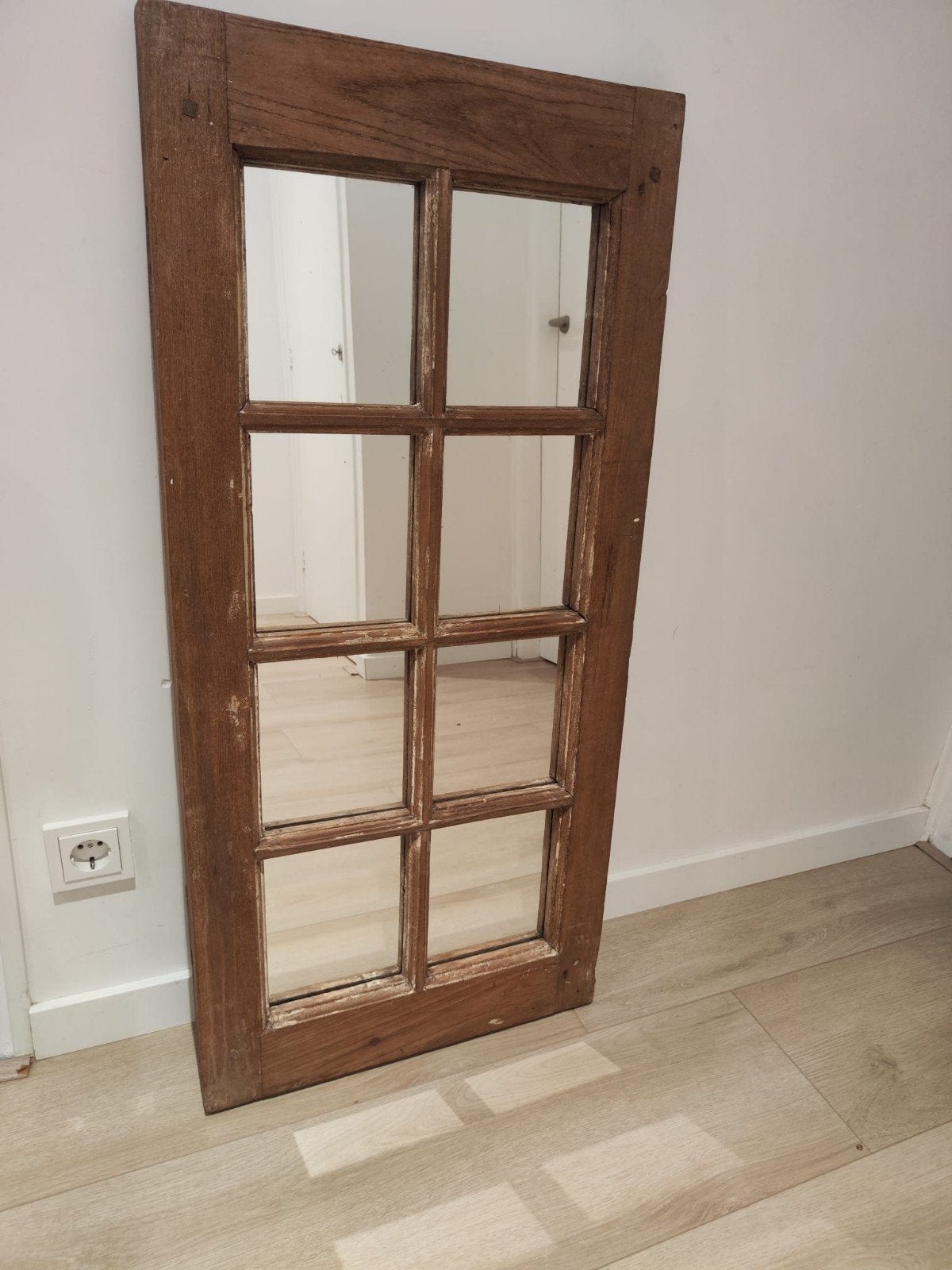 Vintage brocante raamspiegel met 8 spiegelvakken, Ophalen, Rechthoekig, Minder dan 50 cm, Minder dan 100 cm