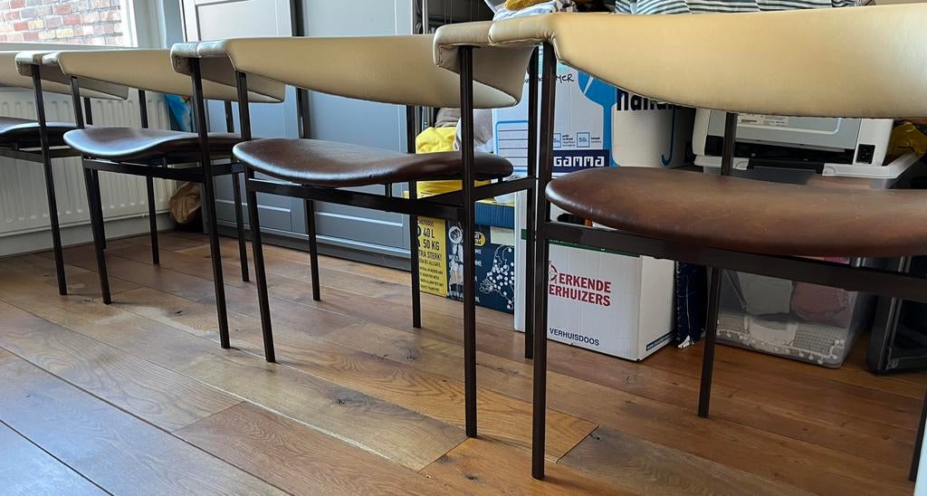 8 Rudolf Wolf meander gamma Ducth vintage design stoelen, Ophalen, Vintage jaren 60, Gebruikt, Bruin