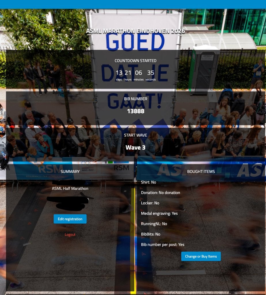 Startbewijs ASML Halve Marathon Eindhoven 2026 – 11 oktober, Eén persoon