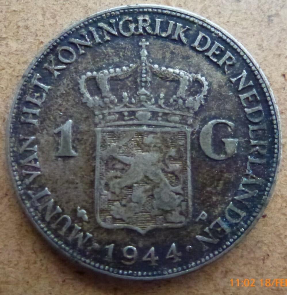 1 Gulden 1944 WW2 zilver niet schoongemaakt, Postzegels en Munten, Munten | Nederland, 1 gulden, Zilver, Ophalen of Verzenden