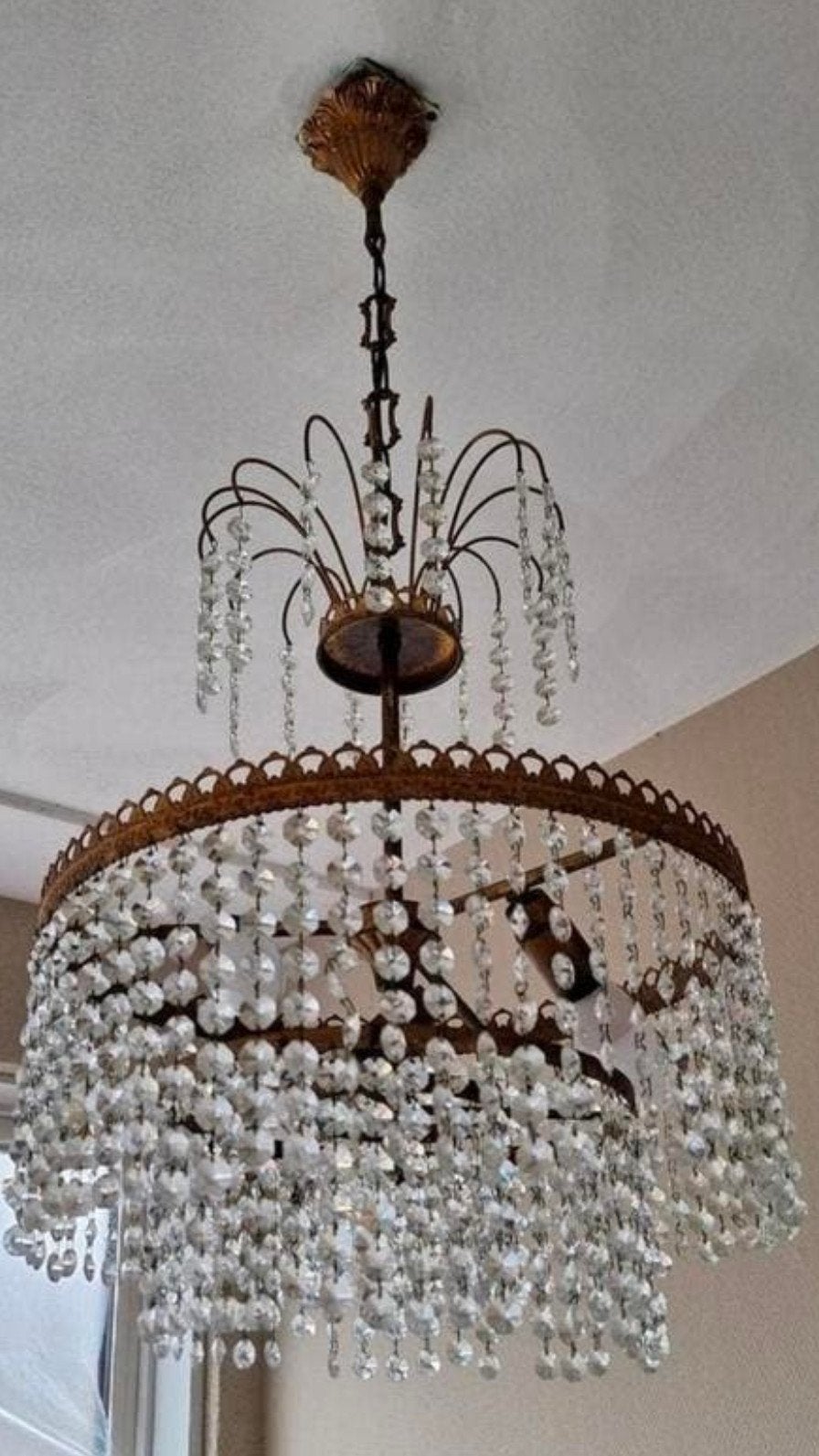 Vintage Kristallen Kroonluchter - Elegante Verlichting, Huis en Inrichting, Lampen | Kroonluchters, Gebruikt, Glas, Metaal, Ophalen of Verzenden