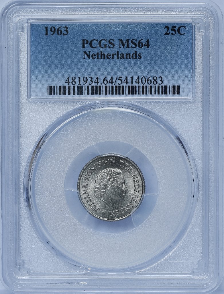 25 Cent 1963 PCGS MS64, Ophalen of Verzenden, Koningin Juliana, 25 cent, Losse munt