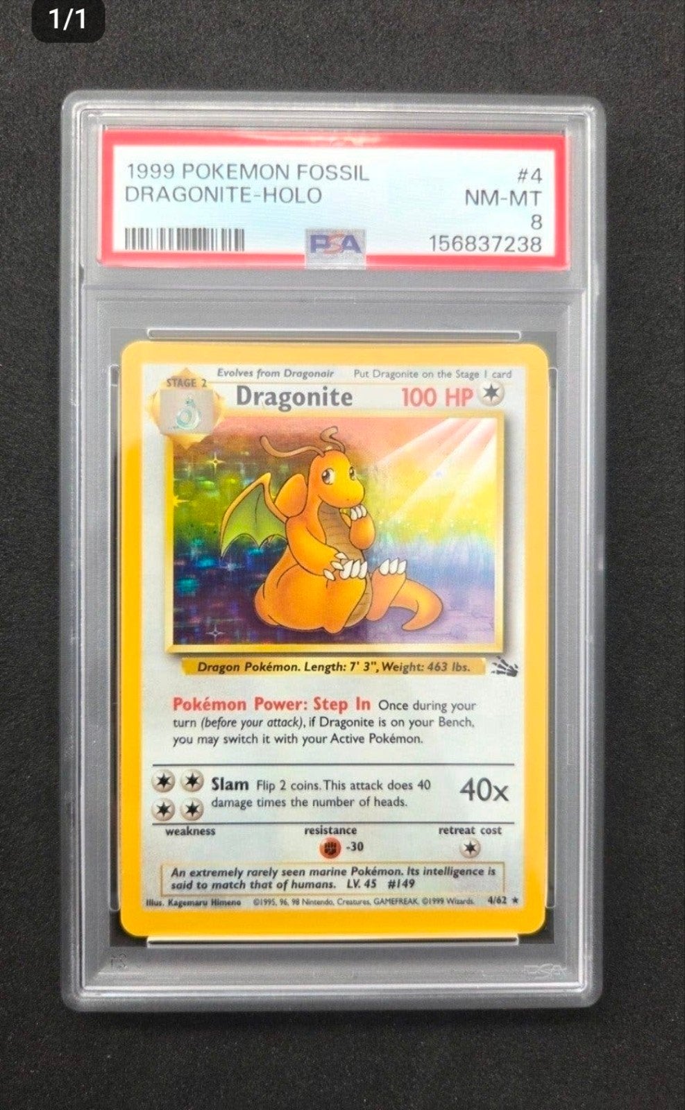 1999 Pokémon Fossil Dragonite Holo PSA 8, Ophalen of Verzenden, Zo goed als nieuw, Losse kaart, Foil