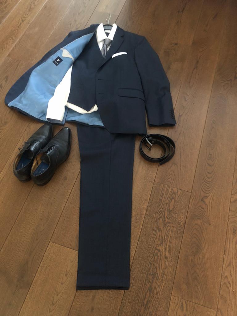 Compleet Driedelig trouwpak vader bruidegom, Ophalen, Zo goed als nieuw, Maat 48/50 (M), Blauw
