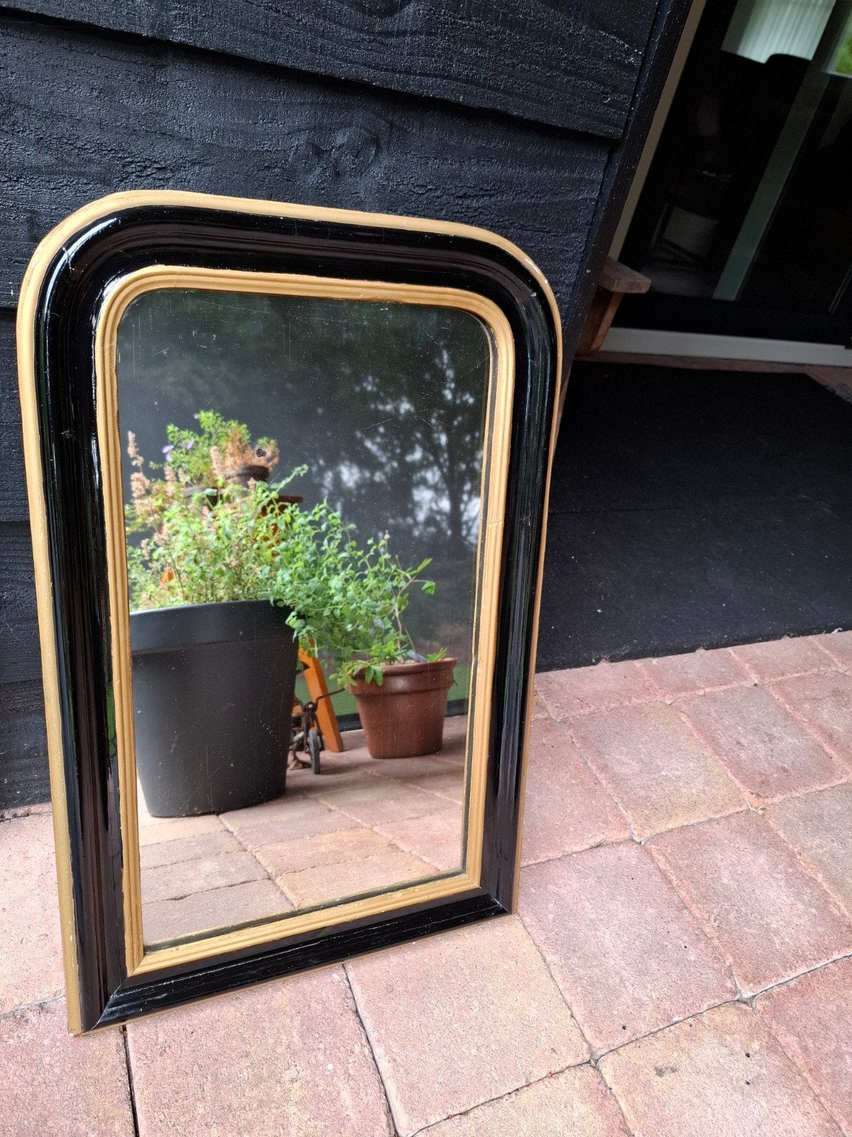 Louis Phillipe spiegel met zwart en goud frame, Ophalen, Rechthoekig