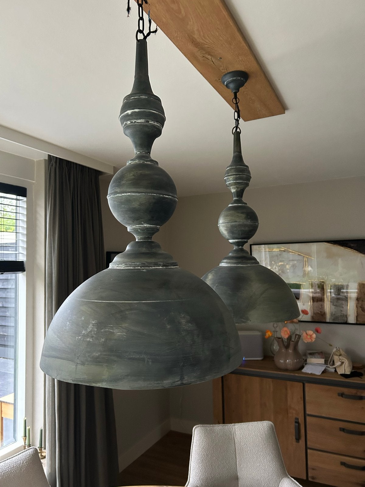 Handgemaakte hanglampen van tin - Set van 2, Huis en Inrichting, Ophalen of Verzenden, Zo goed als nieuw, Metaal, E27 (groot)