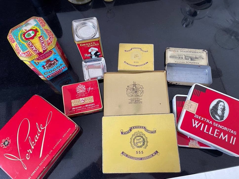 Verzameling vintage blikken: Droste, Verkade, Panter, Willem, Ophalen of Verzenden, Gebruikt, Overige, Droste