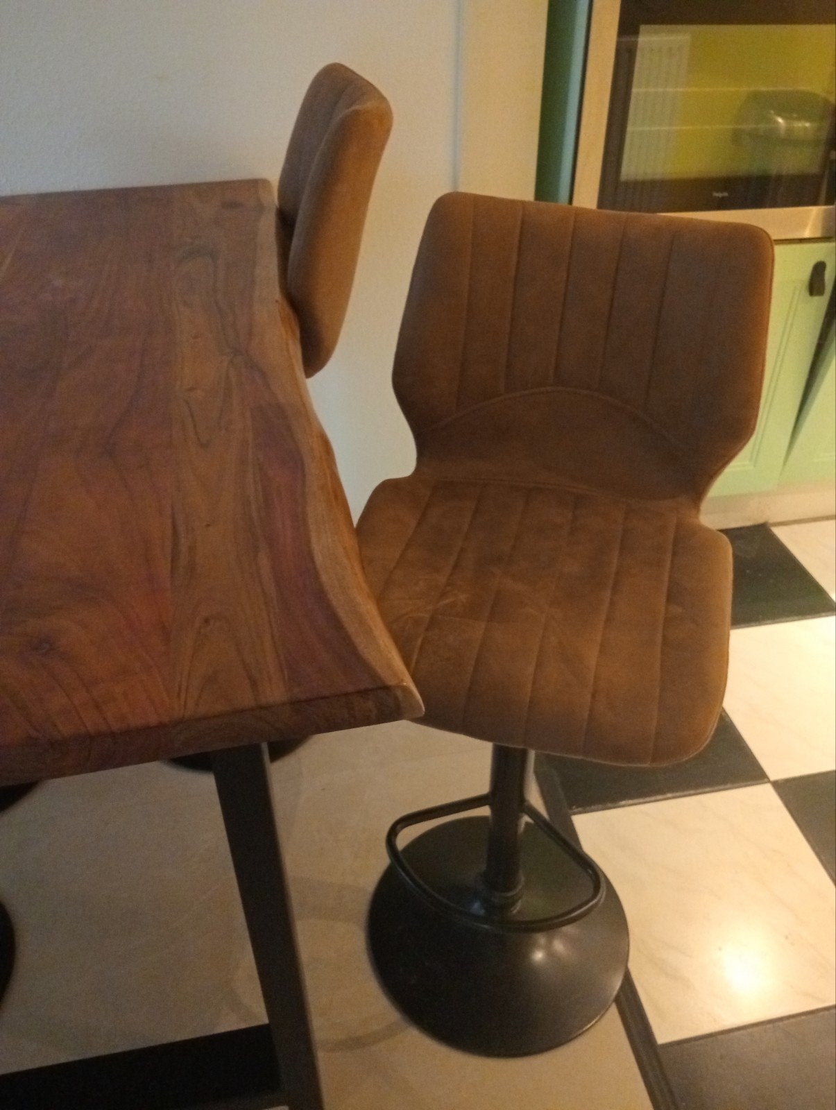 bartafel van Mango hout met Set van 4 verstelbare barkrukken, Ophalen, Gebruikt, Leer, 90 cm of meer