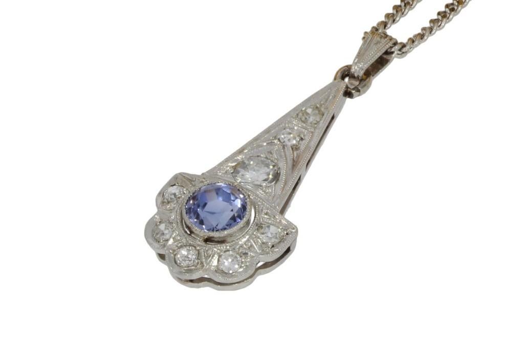 Diamant tanzaniet Art Deco 14k goud ketting & hanger platina, Verzenden, Goud, Ketting, Met edelsteen