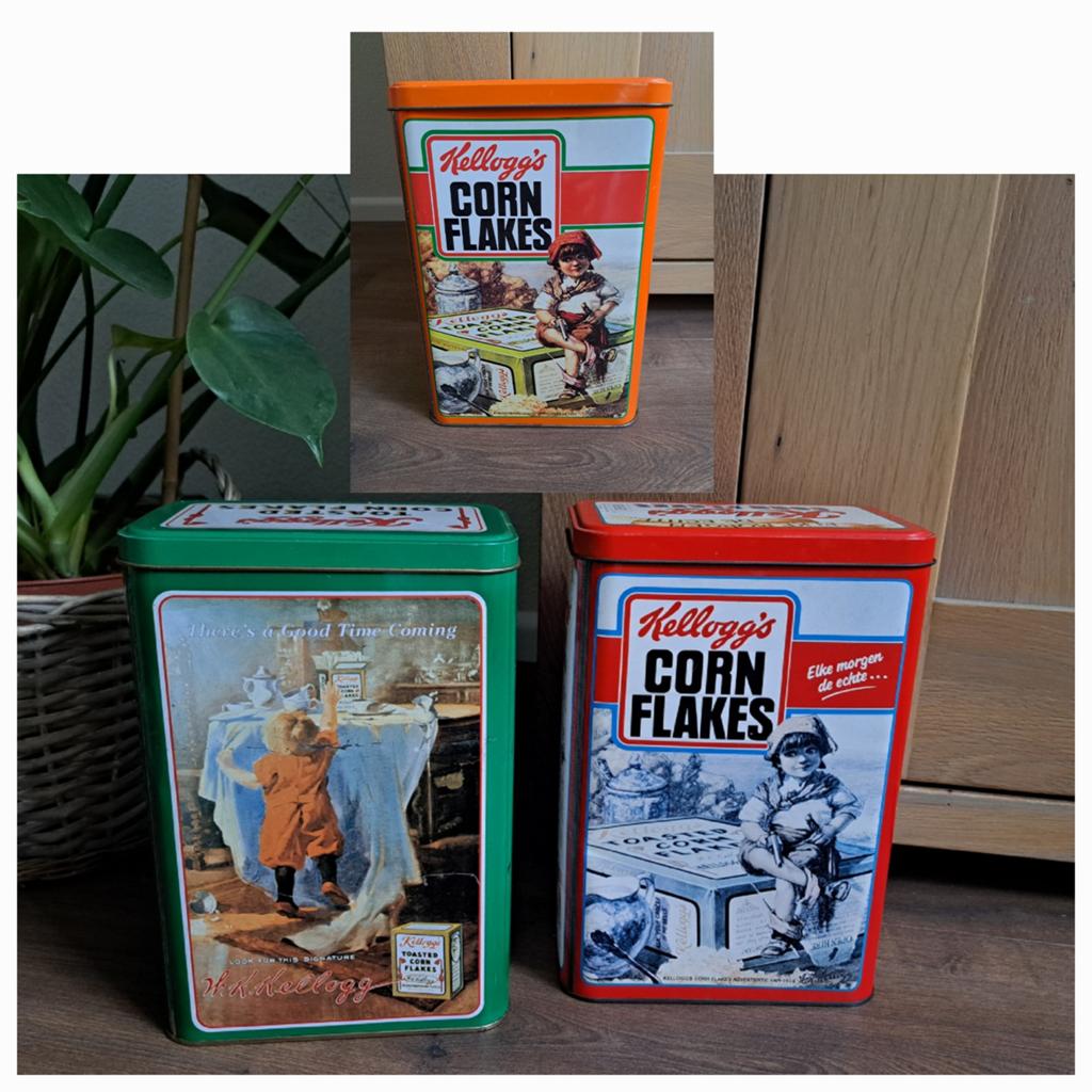 Groot bewaarblik Kellogg's groene rode oranje prijs p/st, Verzamelen, Blikken, Ophalen of Verzenden, Gebruikt, Overige, Overige merken